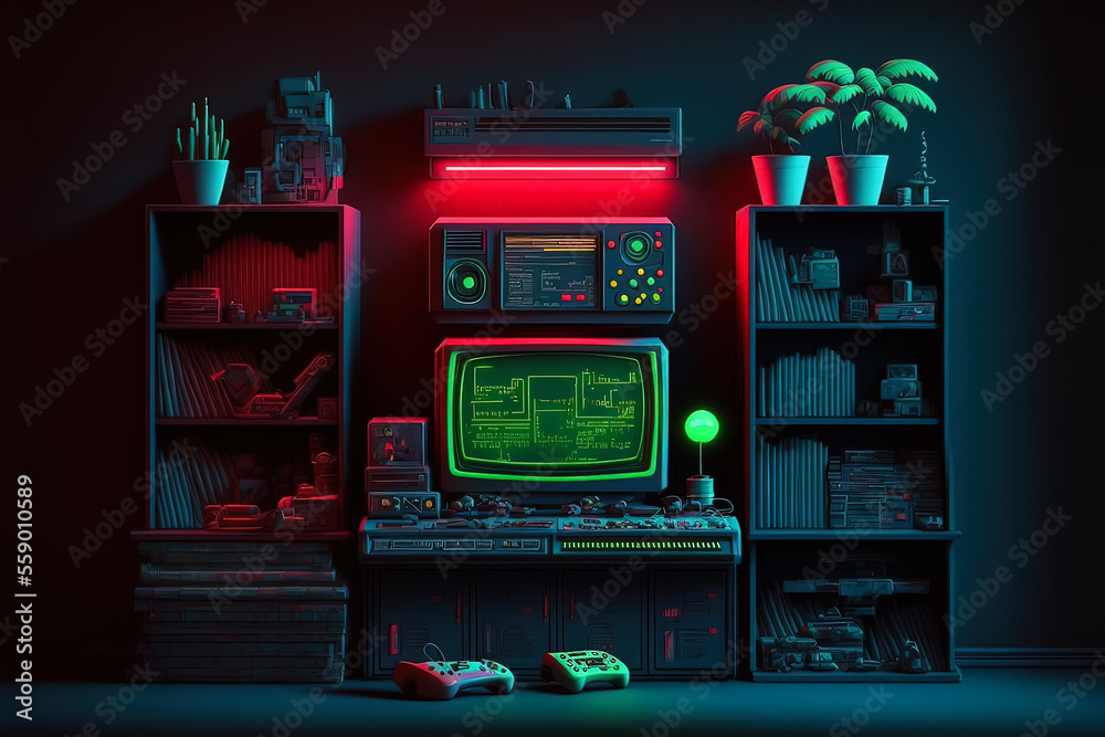 Awesome gaming setup from the 80-s. Retro gaming concept. Vintage retro  room for entertainment. Greatest interior ever. Generative AI. Illustration  Stock | Adobe Stock