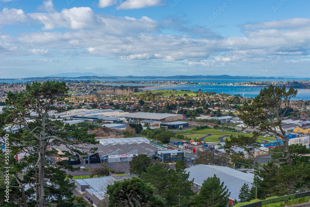 New Zealand, View of Auckland city from the Mt Wellington lookout looking east towards the eastern suburbs