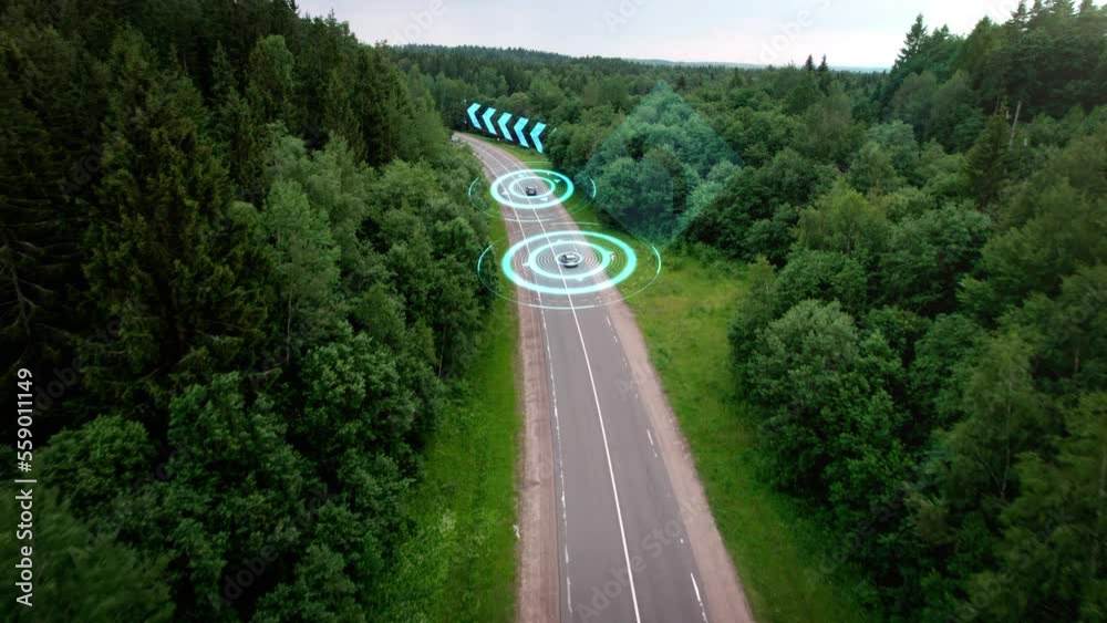Autonomous self-driving cars of the future move along the suburban ...