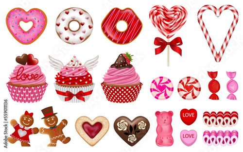 set of isolated valentine's day sweets. collection of valentine candies and cakes