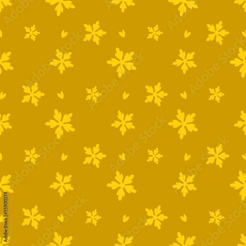 A yellow background with a pattern of leaves and flowers. Stars and snowflakes for textile and craft paper