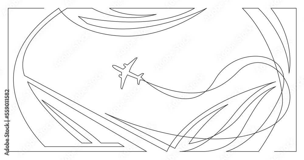 Fototapeta premium abstract futuristic buildings with airplane in sky - single line PNG image with transparent background
