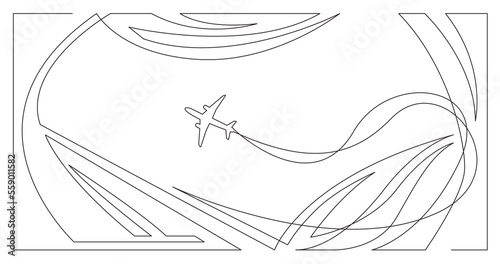 abstract futuristic buildings with airplane in sky - single line PNG image with transparent background