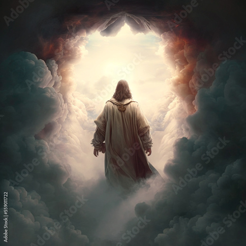 Obraz na płótnie GENERATIVE AI, GENERATIVE, AI, jesus christ at the gates of heaven amid clouds a
