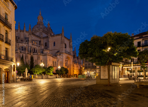 Downtown Segovia at Night with the Cathedral in the background