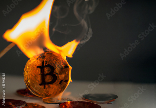 illustrazione creata con intelligenza artificiale di moneta di criptovaluta simil bitcoin che viene bruciata, concetto di crollo delle criptovalute e dei mercati cripto photo