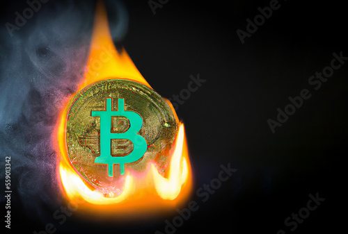 illustrazione creata con intelligenza artificiale di moneta di criptovaluta simil bitcoin che viene bruciata, concetto di crollo delle criptovalute e dei mercati cripto photo