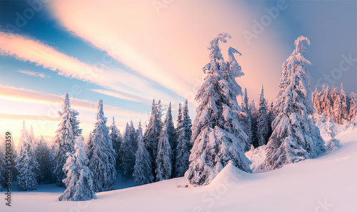 illustrazione creata con intelligenza artificiale di bellissimo panorama di montagna all'alba con colori delicati e alberi innevati stile pino o abete su sfondo di neve in stile pittorico photo