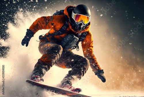 illustration of close up snowboarder in motion with beautiful nature landscape of winter season snow mountain 
