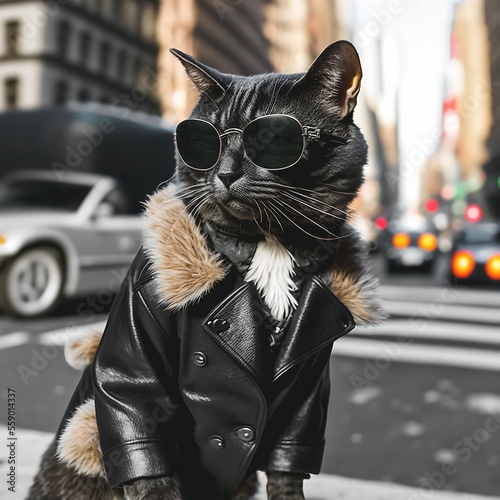 Obraz na plátně A handsome macho tomcat dressed in a stylish classic men's black leather jacket and black fancy sunglasses
