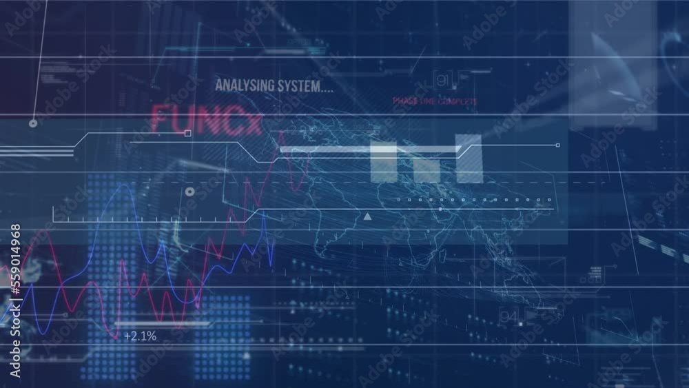 Animation of financial data processing over screens Animation of financial data processing over screens
