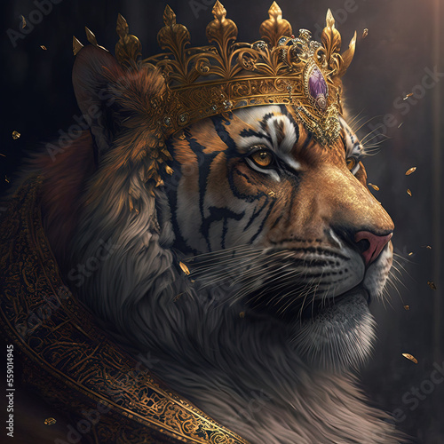 The crowned tiger king. Queen of gungle. Generative AI.
 photo