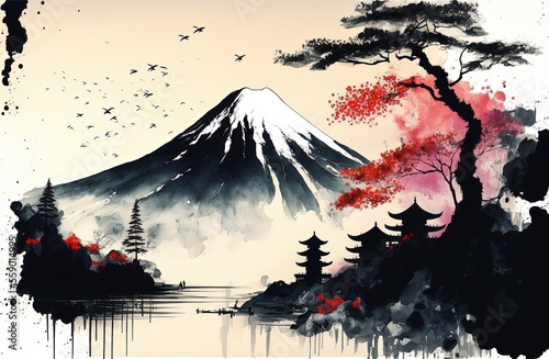 Sumi-e style illustration of Japanese nature landscape, Fuji mount in spring season