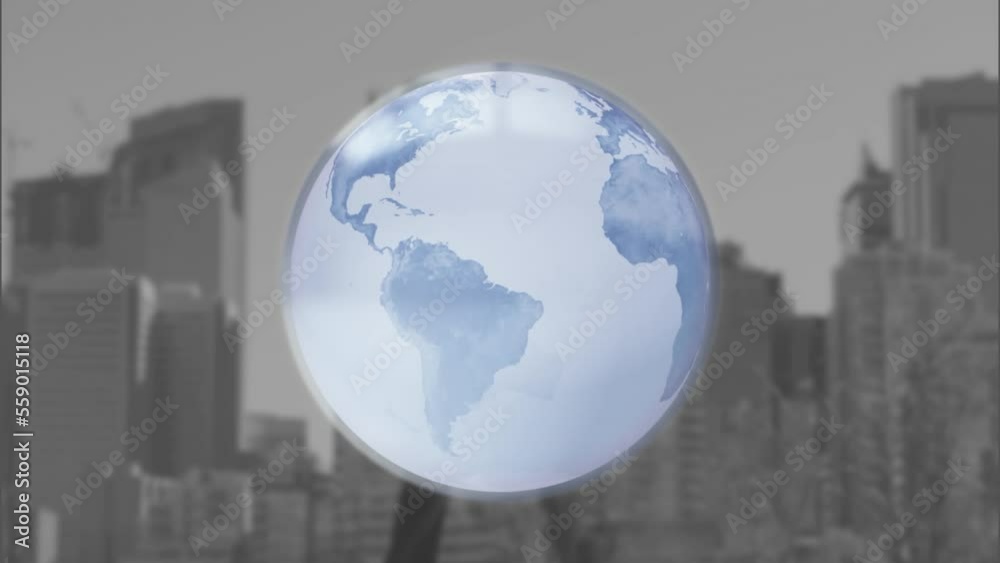 Animation of globe over caucasian businessman in city Animation of globe over caucasian businessman in city