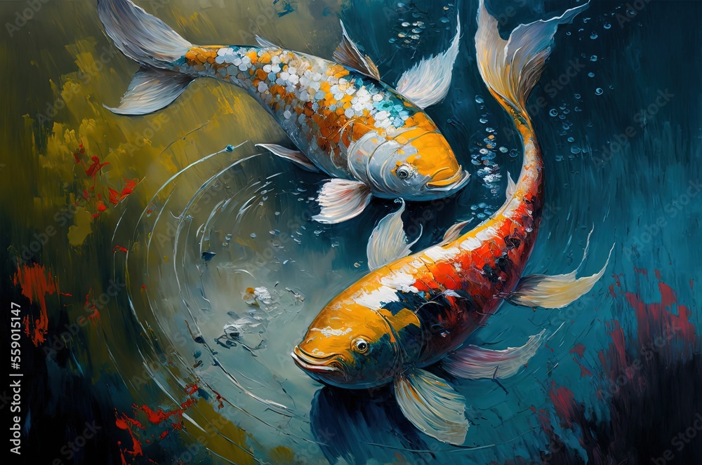 oil painting style illustration of a gold fish with long ribbon tail