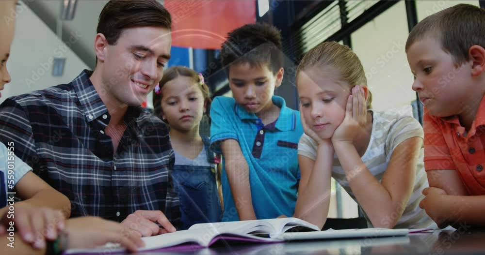 Animation of data processing and padlock over caucasian male teacher with diverse schoolchildren Animation of data processing and padlock over caucasian male teacher with diverse schoolchildren