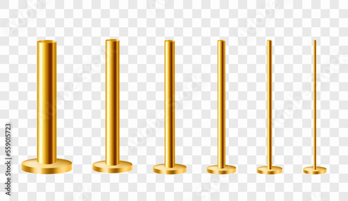 Brass or gold poles on a round base. Set of metal columns. Realistic vector illustration isolated on transparent background.