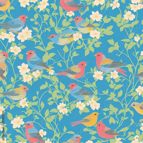 beautiful seamless pattern with birds and flowers, ai