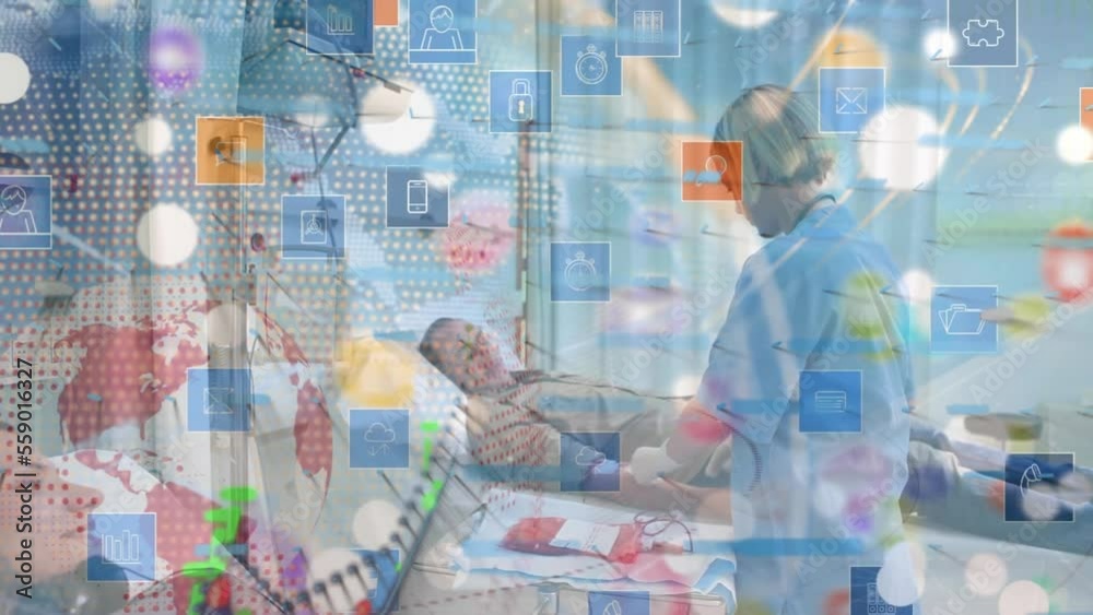 Animation of network of connections and data processing over male doctor Animation of network of connections and data processing over male doctor