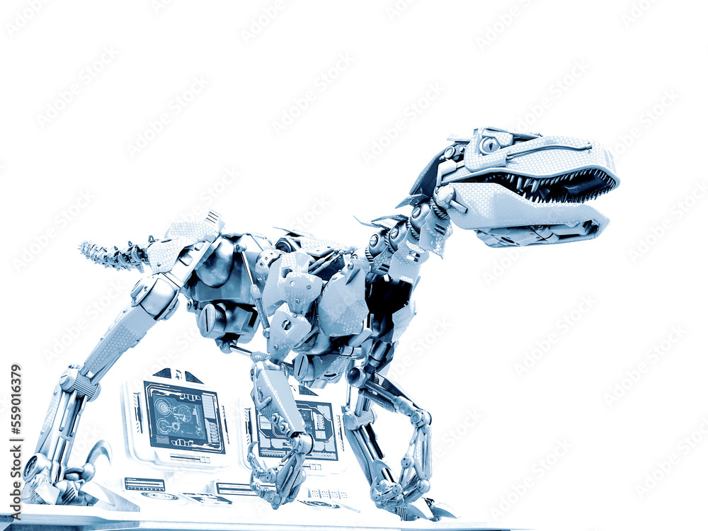 velociraptor robot iis on the computer console bottom view Stock ...