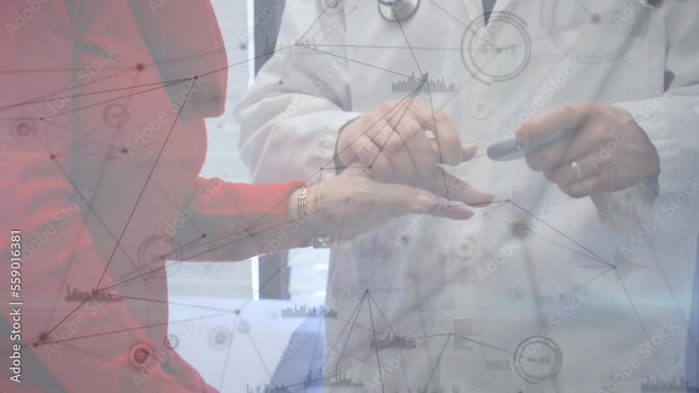 Animation of network of connections and data processing over male doctor