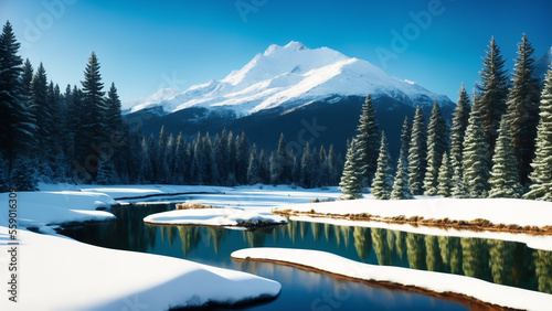 winter landscape with mountains and lake