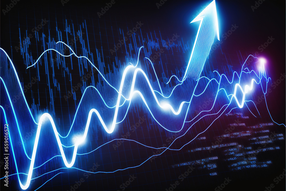 Market graph going up, blue neon lights, abstract illustration Market graph going up, blue neon lights, abstract illustration
