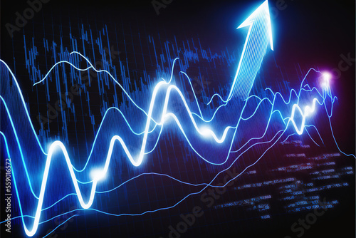 Fototapeta Market graph going up, blue neon lights, abstract illustration