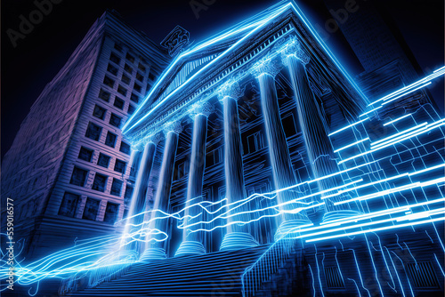 Bank building with conceptual blue lines indicating movement and crowdy place photo