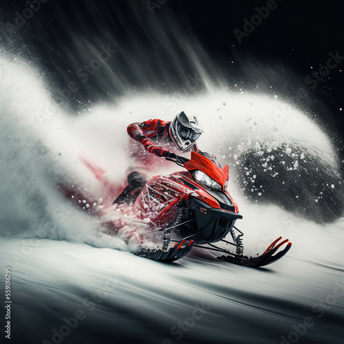 Snowmobile doing a fast turn during a tour, leaving a trail of splashes of white snow. © QC Creations