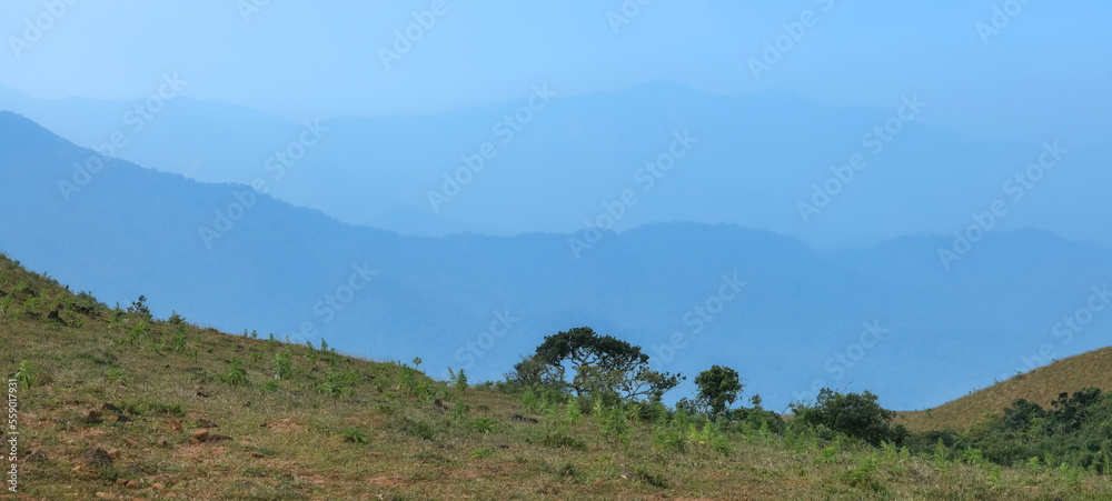 Scenic valley and hills at famous Mandalpatti trek in Coorg, Karnataka, India.