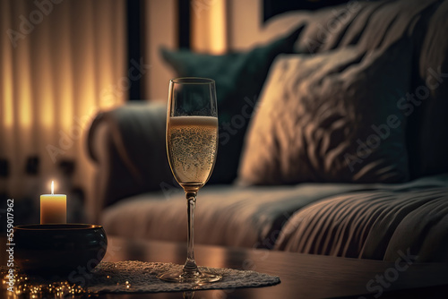 one glass of champagne in a living room, ai generated