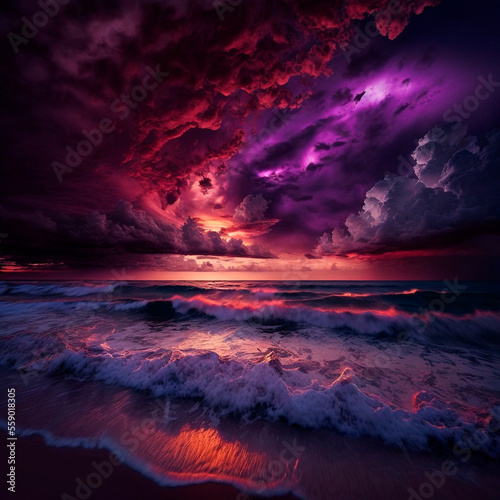 gloomy purple sunset on the beach. High quality illustration