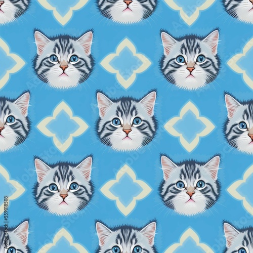beautifull seamless pattern with cats and flowers, ai