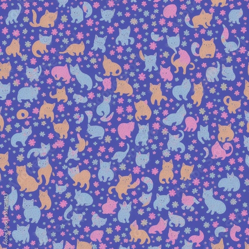 beautifull seamless pattern with cats and flowers  ai