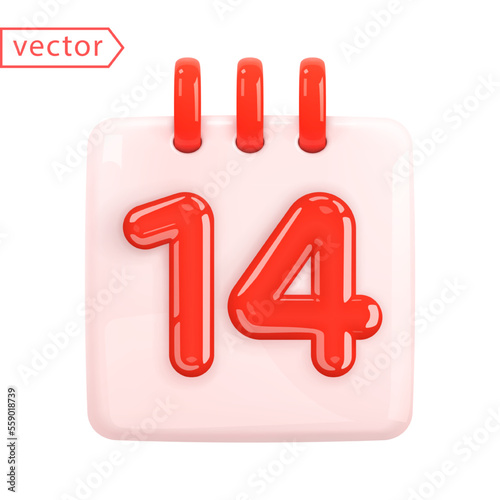 Daily calendar with date 14. Number in red on a pink sheet. Valentine's Day - February 14th. Holiday of all lovers. Realistic 3D cartoon style design. Calendar icon isolated on white. 3d vector