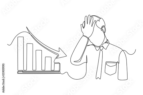 Single one line drawing Disappointed businessman because financial graph arrow is decreasing. Economics and Business Concept. Continuous line draw design graphic vector illustration.