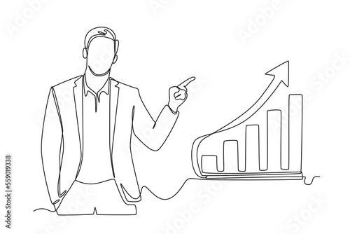 Single one line drawing happy businessman because financial graph is increasing. Economics and Business Concept. Continuous line draw design graphic vector illustration.