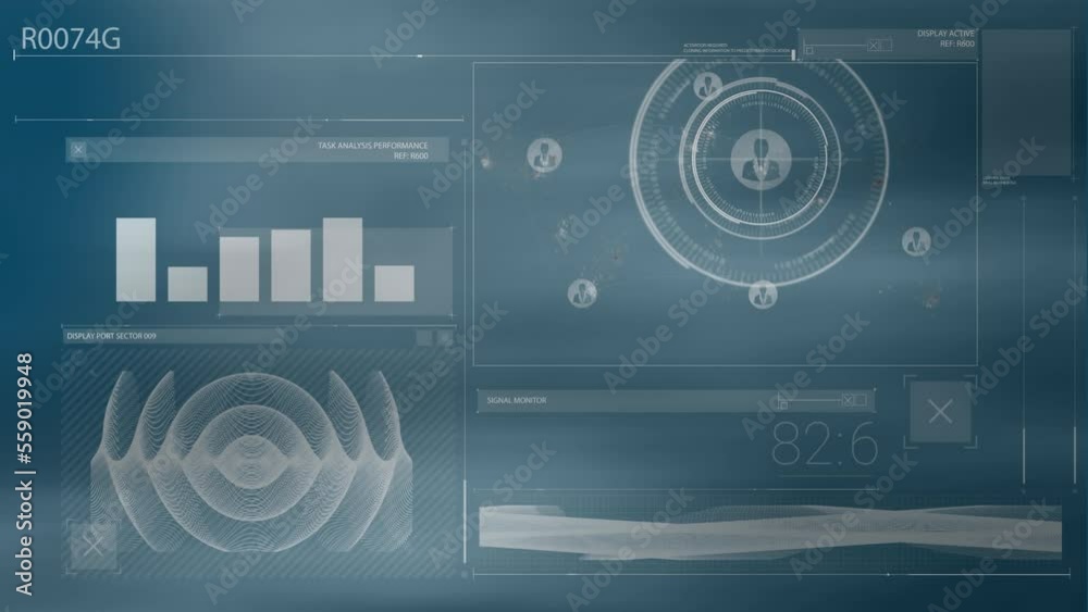 Animation of data processing over blue background