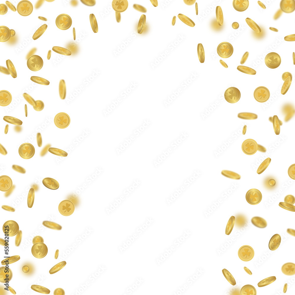 Coins with clover leaf. Coin rain. St. Patrick’s day. PNG Coins with clover leaf. Coin rain. St. Patrick’s day. PNG