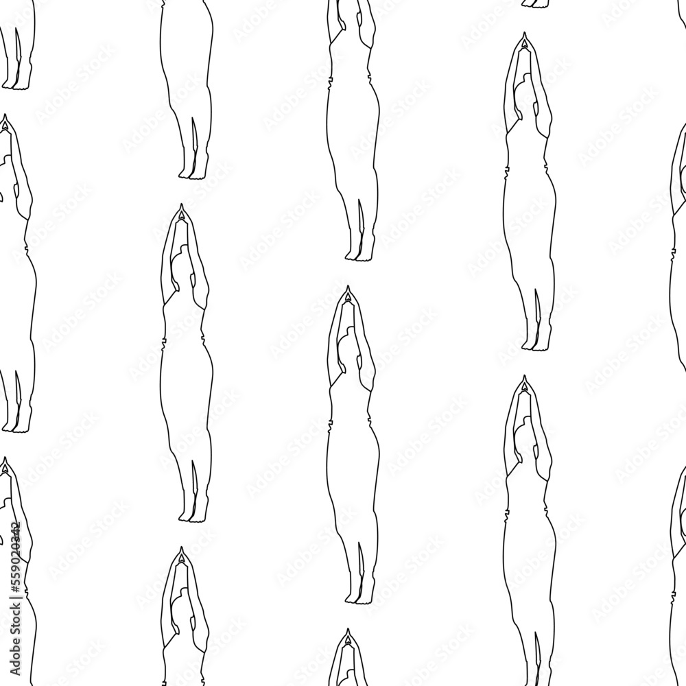Seamless pattern with contour image of a woman performing yoga asana on her toes with her hands up Seamless pattern with contour image of a woman performing yoga asana on her toes with her hands up