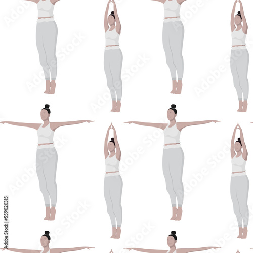Seamless pattern of a woman doing yoga with her arms raised and in different directions. Lifestyle