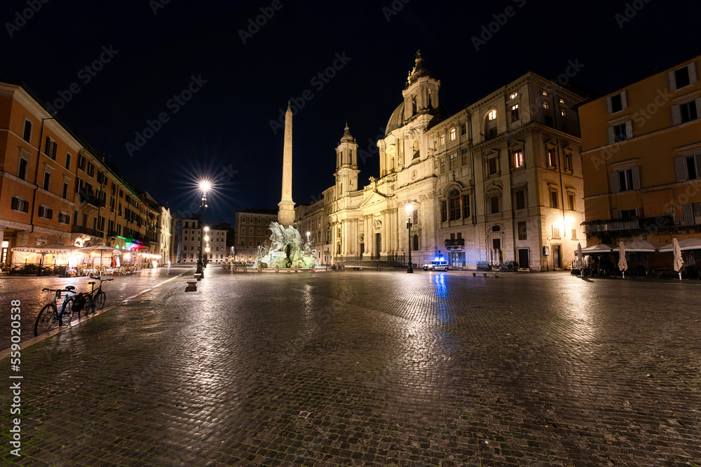 Piazza Navona in Rome at night with police