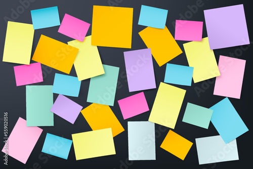 Post it multicolor vector design on Dark background, Realistic blank paper stickers of different sizes and shapes. You can used for presentations layout, taking notes, message or authors declare.