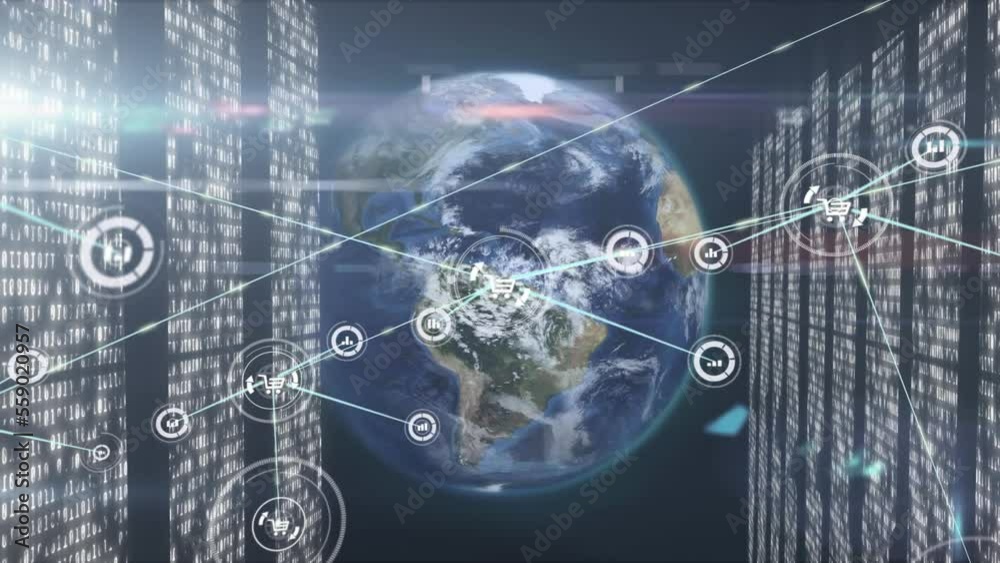 Animation of globe, computer servers with icons and network of connections Animation of globe, computer servers with icons and network of connections
