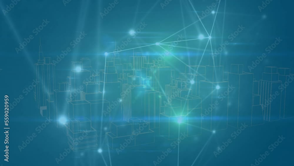 Animation of network of connections over digital city Animation of network of connections over digital city