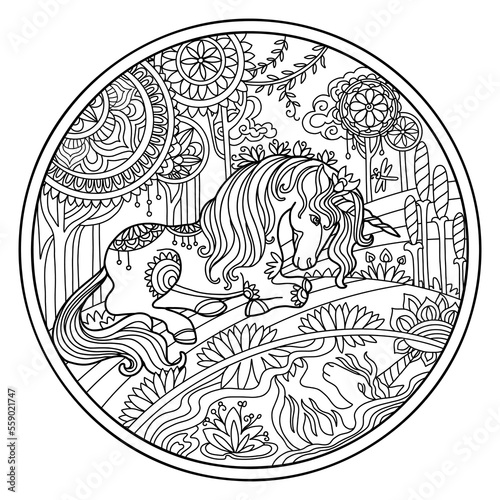 Beautiful decorative unicorn coloring vector illustration circle