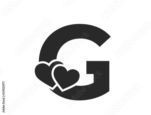 letter g with two hearts. text element for valentine's day design. romantic and love symbol. isolated vector image