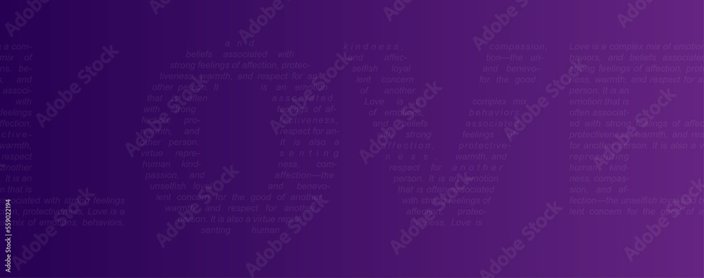 Banner with Love word with random love explain text over a purple background. Copy Space