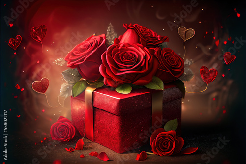 Valentines day romantic background red roses and gift 19 with Generative AI